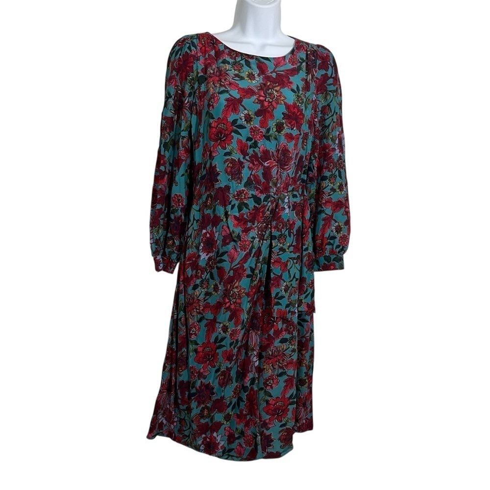 Stunning Talbots Red Blue Floral Long Sleeve Dress Size 2 Petite Faux Wrap Fall